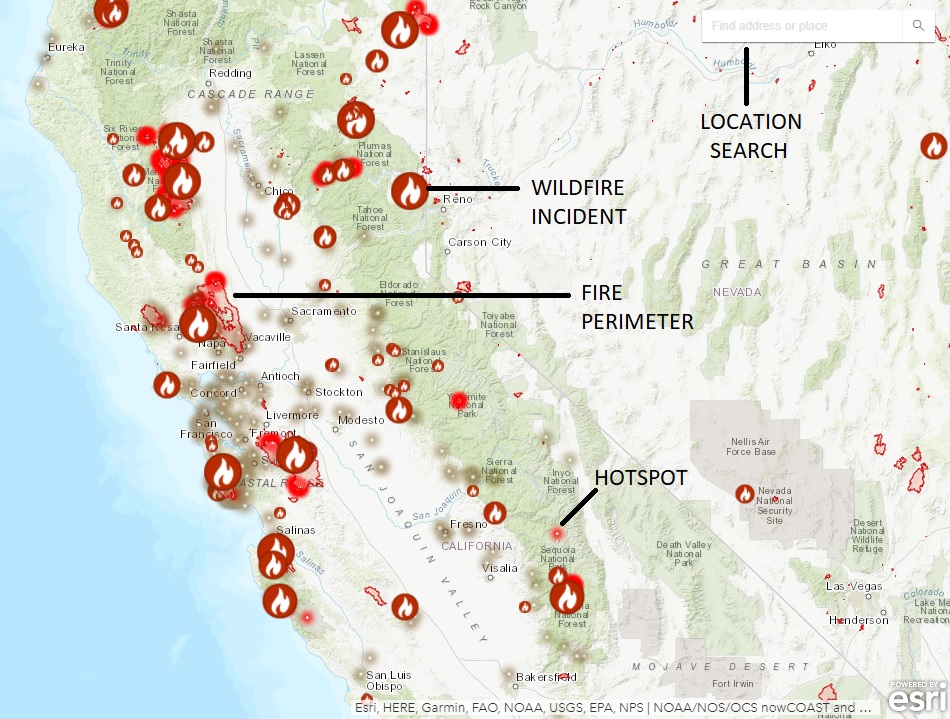 The California wildfire map and tracker provide hot spots, fire perimeter, and fire incident information.