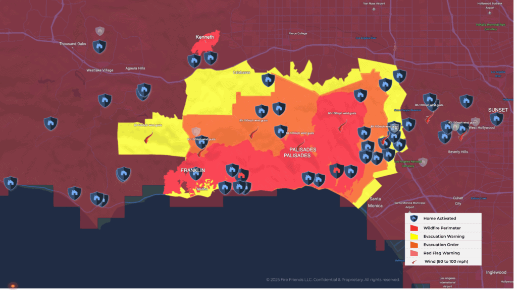 Map showing Frontline homes that activated their wildfire defense systems during the Los Angeles fires.