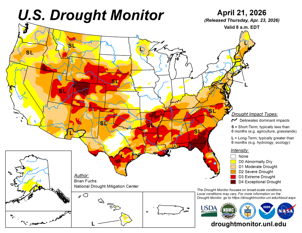 U.S. Drought Monitor map for April 2026