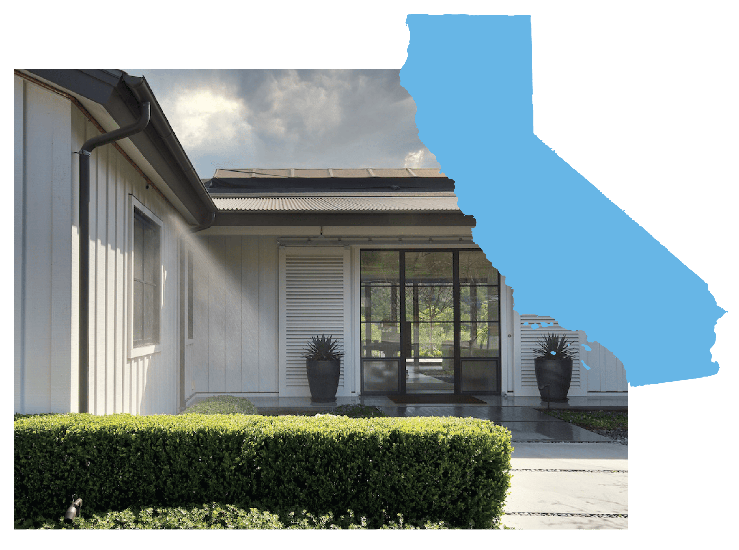 California home icon over image of home running exterior wildfire sprinklers