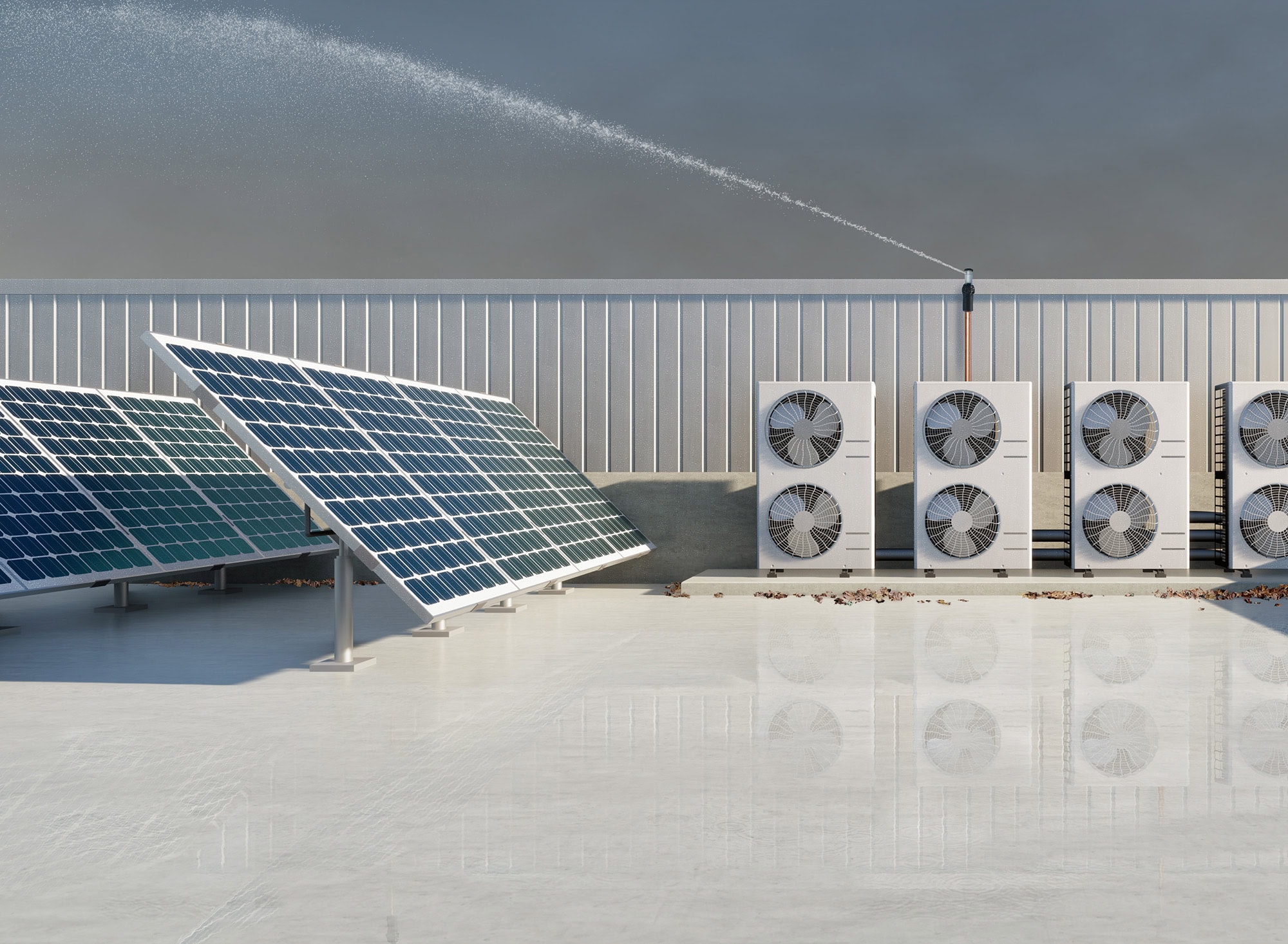 A photo showing Frontline’s commercial wildfire defense system spraying water on the roof of a business with visible solar panels and HVAC.