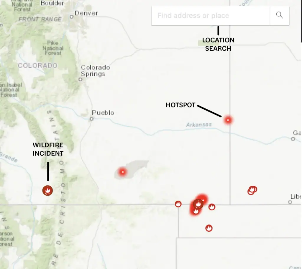 A screenshot of the Frontline wildfire tracker, showing how to read the icons on the Colorado wildfire map.