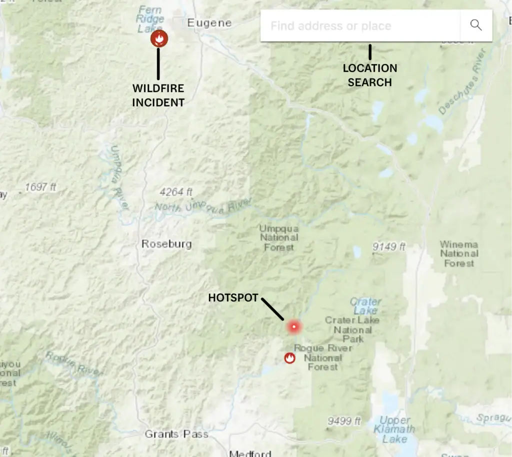A screenshot of the Frontline wildfire tracker, showing how to read the icons on the Oregon wildfire map.