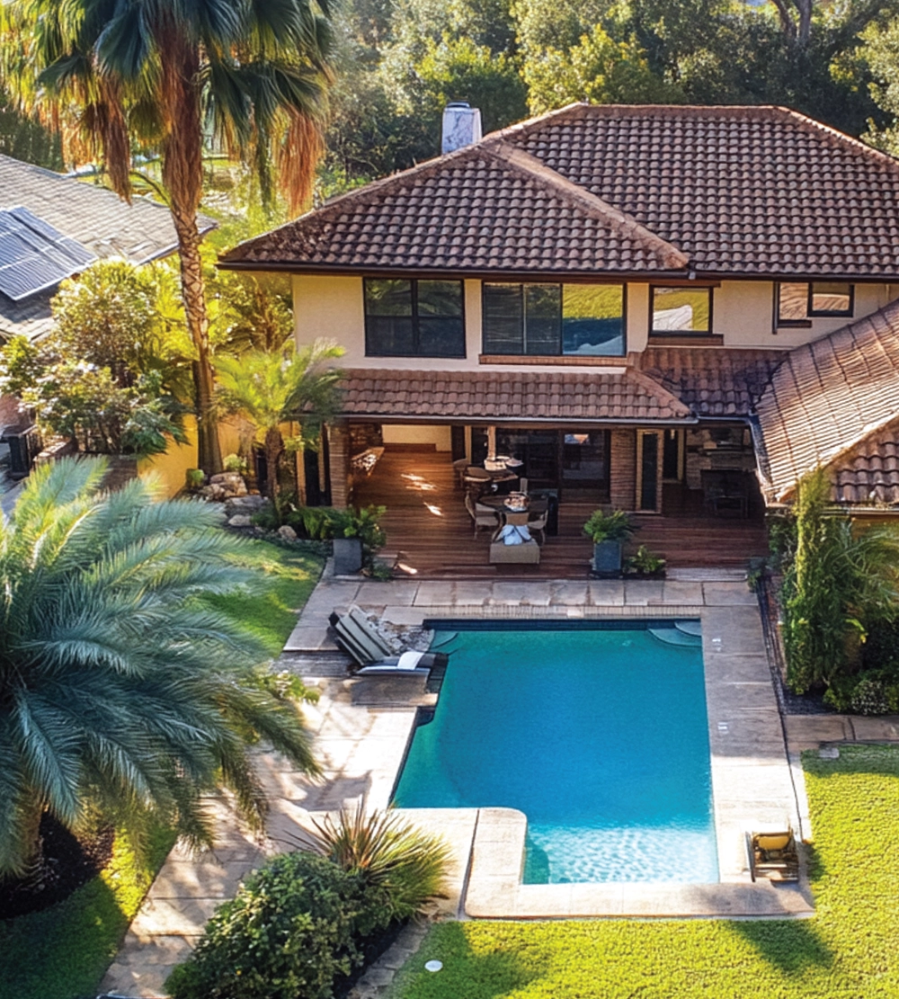 Aerial view of an upscale two-story home featuring a backyard swimming pool, stone patio, and lush palm trees.
