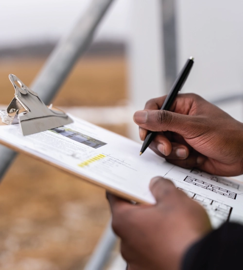 Close-up of a person holding a clipboard and writing notes during a construction inspection.