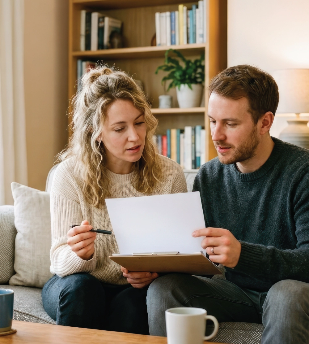 Couple sitting together on a living room couch holding a clipboard and reviewing home insurance policy documents.