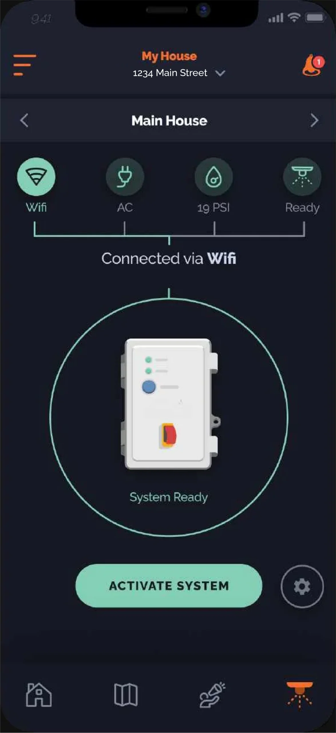 The Frontline mobile app interface showing a system status dashboard displaying "System Ready" with an option to activate.