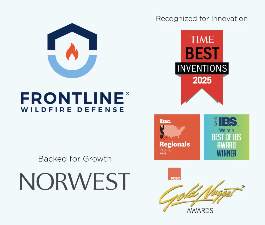 Frontline trust badge logos, including TIME Best Inventions 2025, NAHB Best of IBS Award, and PCBC Gold Nugget.